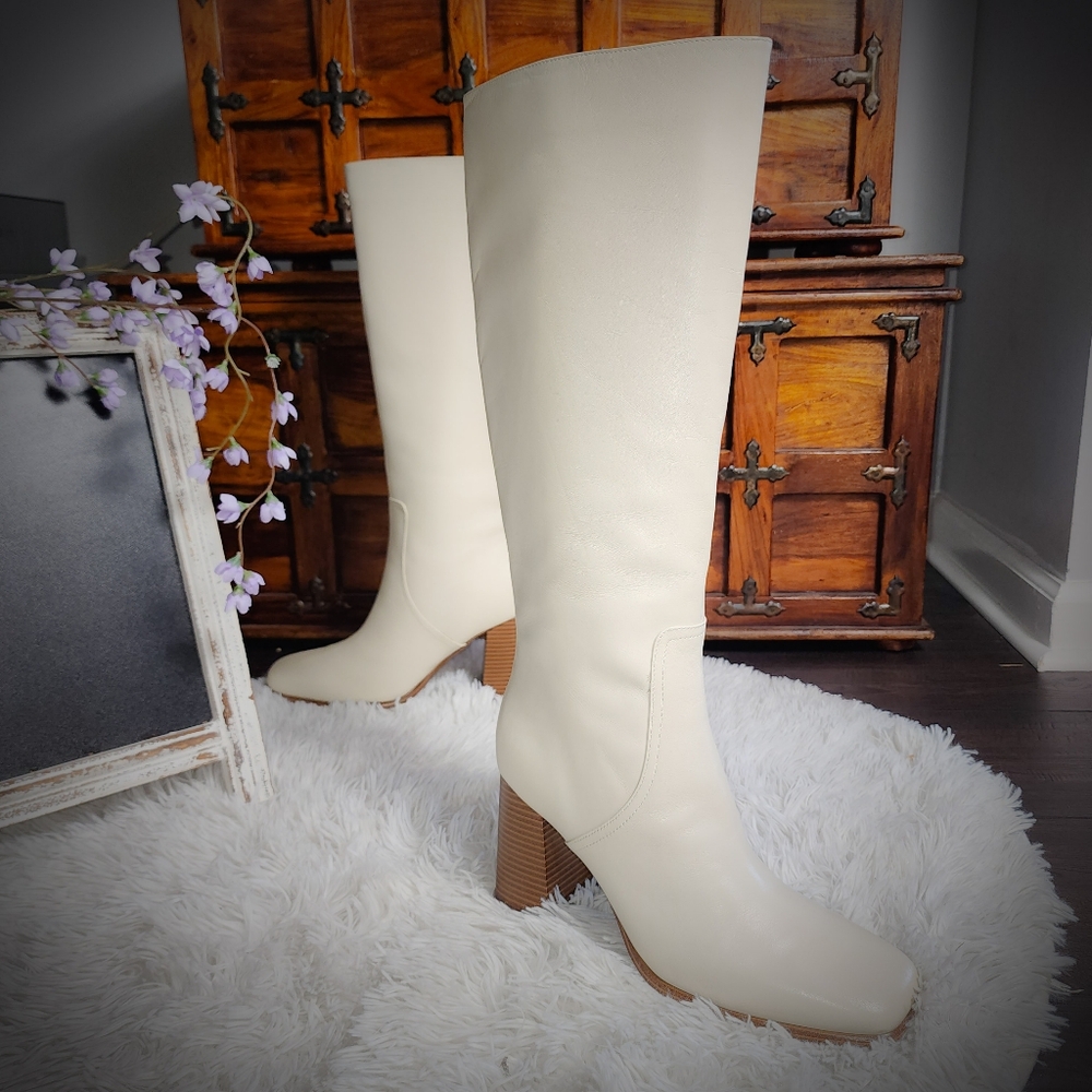 Marc Fisher Leather Knee High Beige Heeled Boots Size 10